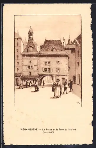 Künstler-AK Vieux-Genève, La Place et la Tour du Molard