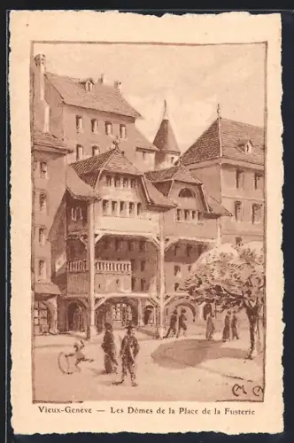 Künstler-AK Vieux-Genève, Les Dômes de al Place de la Fusterie