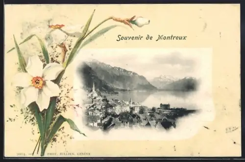 Lithographie Montreux, Panorama mit Bergen, Lilien, Passepartout