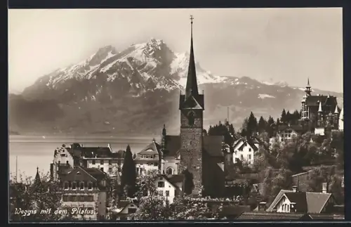 AK Weggis, Teilansicht mit Kirche und Pilatus