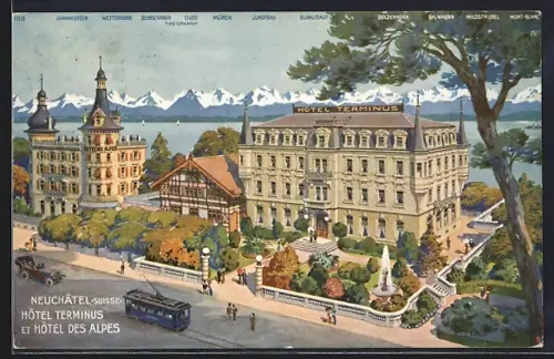 AK Neuchatel, Hotel Terminus und Hotel des Alpes, Strassenbahn und Auto