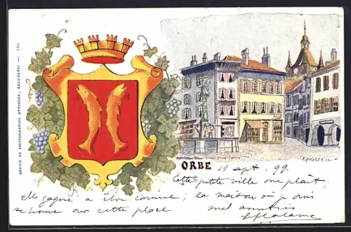 Lithographie Orbe, Strassenpartie mit Brunnen, Wappen