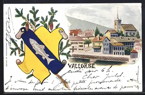 Lithographie Vallorbe, Ortspartie mit Kirche, Wappen