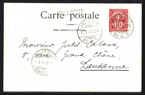 Lithographie Vallorbe, Ortspartie mit Kirche, Wappen