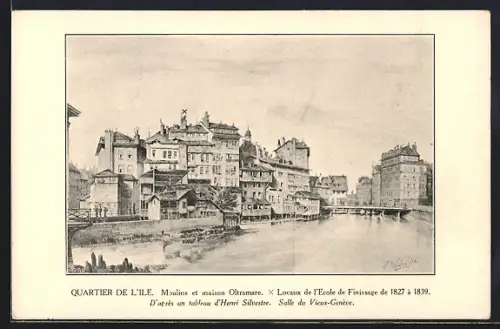 Künstler-AK Genève, Quartier de l`Ile, Moulins et maison Oltramare
