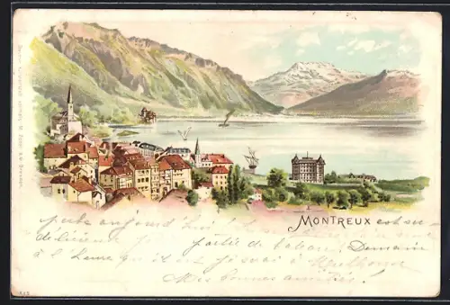 Lithographie Montreux, Panorama mit Bergen
