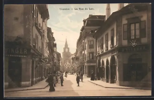 AK Yverdon, La Rue du Lac, Strassenpartie mit Geschäften