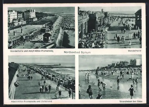 AK Borkum, Nordseebad, Wandelhalle und Promenade, Zeltstrand, Strandleben bei Ebbe