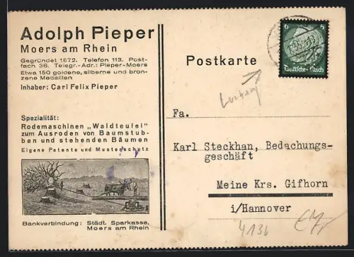 AK Moers am Rhein, Adolf Pieper, Inhaber: Carl Felix Pieper, Rodemaschinen