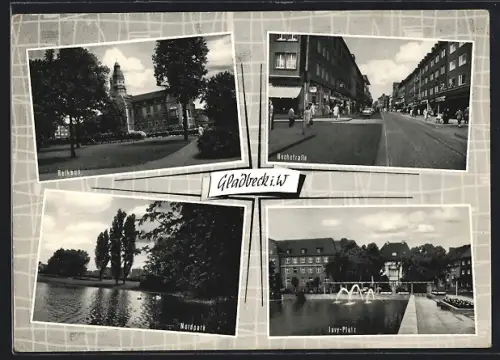AK Gladbeck / W., Rathaus, Hochstrasse mit Geschäften, Nordpark