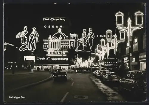 AK Essen, Essener Lichtwochen 1964, Berlin gestern und Heute, Kettwiger Tor mit Geschäften bei Nacht