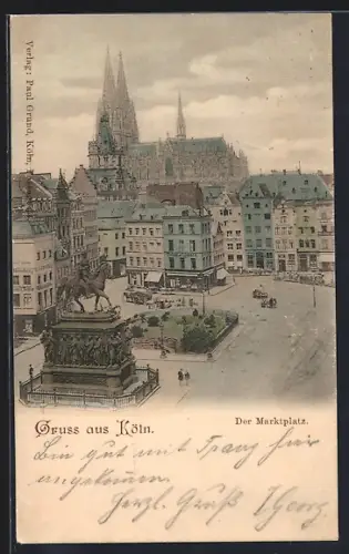 AK Köln, Marktplatz mit Tabakladen, Kirche und Denkmal