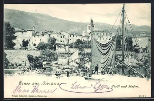 AK Lovrana, Panorama mit Hafen