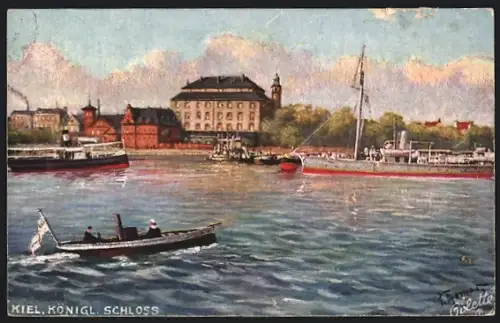 Künstler-AK Kiel, Königliches Schloss mit Booten