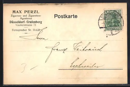 AK Düsseldorf-Grafenberg, Zigarren- und Zigaretten-Agenturen Max Perzl, Vautierstr. 71