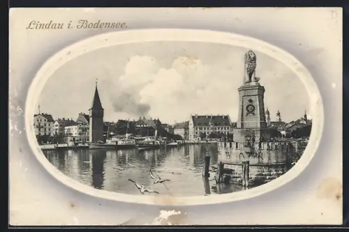 Präge-AK Lindau i. Bodensee, Hafeneinfahrt mit Löwendenkmal