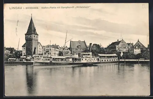 AK Lindau a. Bodensee, Hafenpartie mit Dampfschiff Wittelsbach