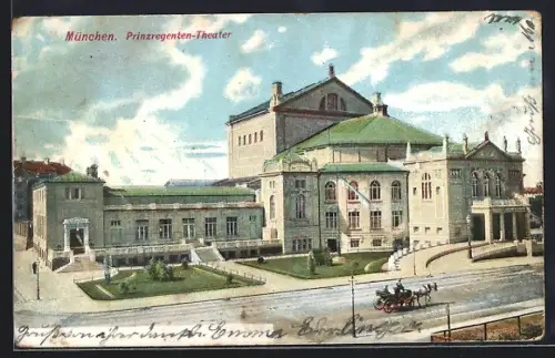 AK München, Prinzregenten-Theater mit Pferdewagen