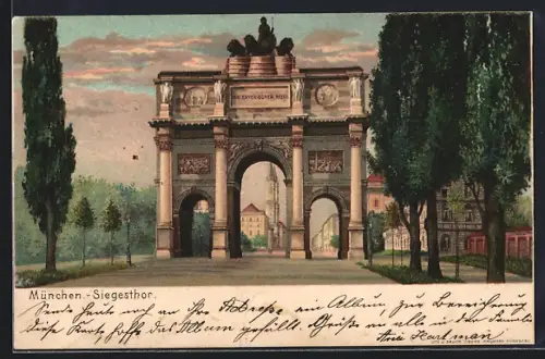 Lithographie München, Teilansicht mit dem Siegestor