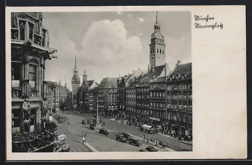 AK München, Marienplatz mit Denkmal