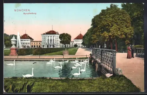 AK München-Nymphenburg, Weg mit Brücke vor Schloss Nymphenburg