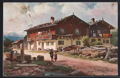 Künstler-AK Farchant, Malerische Bauernhäuser im Bayerischen Hochgebirge