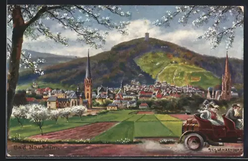 Künstler-AK Bad Nauheim, Stadtansicht, Burg, blühende Obstbäume, Automobil