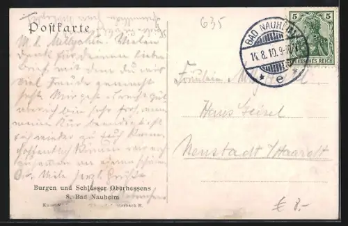 Künstler-AK Bad Nauheim, Stadtansicht, Burg, blühende Obstbäume, Automobil