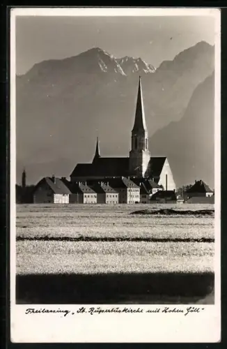 AK Freilassing, Landschaftsansicht mit Rupertuskirche und Hohen Göll