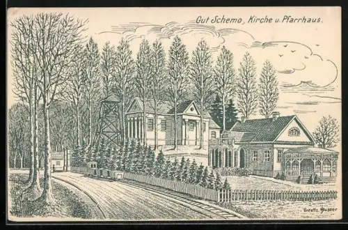 Künstler-AK Schemo, Kirche und Pfarrhaus