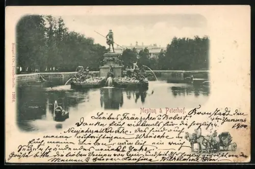 AK Peterhof, Neptun-Standbild mit Bassin