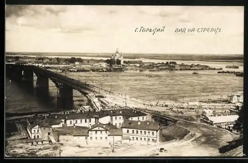AK Gorki, Ortsansicht mit Brücke aus der Vogelschau