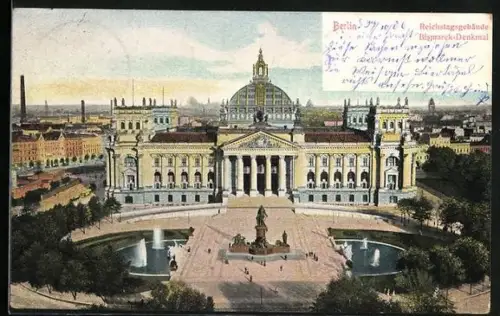 AK Berlin-Tiergarten, Reichstagsgebäude und Bismarck-Denkmal