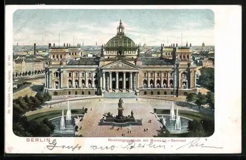 AK Berlin, Reichstagsgebäude mit Bismarck-Denkmal