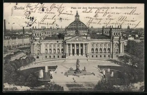 AK Berlin, Platz vor dem Reichstagsgebäude mit Bismarck-Denkmal