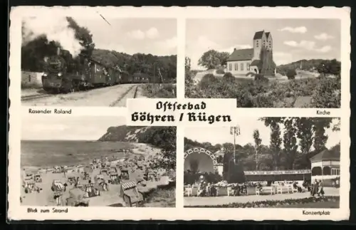 AK Göhren /Rügen, Rasender Roland, Konzertplatz, Kirche