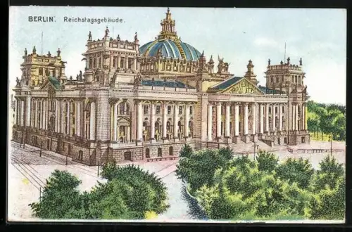 Künstler-AK Berlin-Tiergarten, Blick auf das Reichstagsgebäude