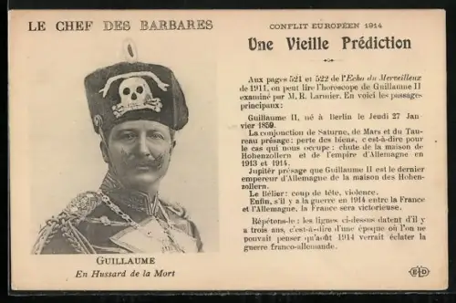 AK Guillaume en Hussard de la Mort, Kaiser Wilhelm II., Propaganda Entente
