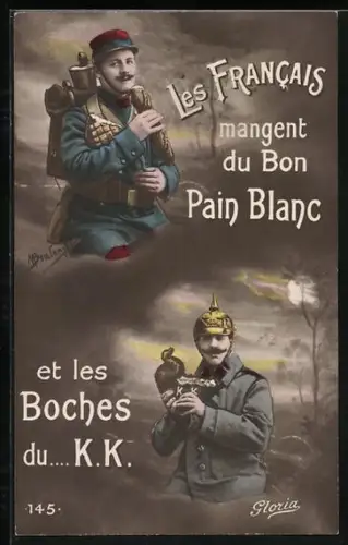AK Französischer und deutscher Soldat essen Brot, Propaganda Entente