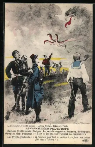 AK Soldaten der Entente blicken zum wütenden Adler am Himmel Le Cauchemar de l`Europe, Propaganda Entente