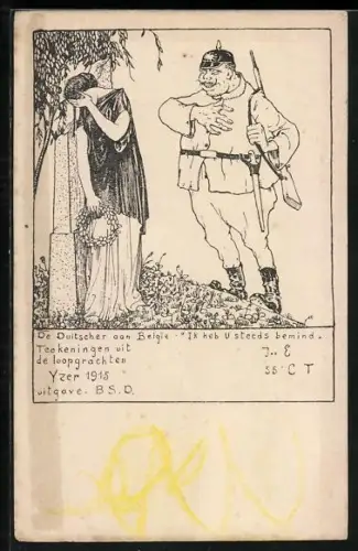 Künstler-AK Deutscher Soldat und weinende belgische Frau, Propaganda Entente