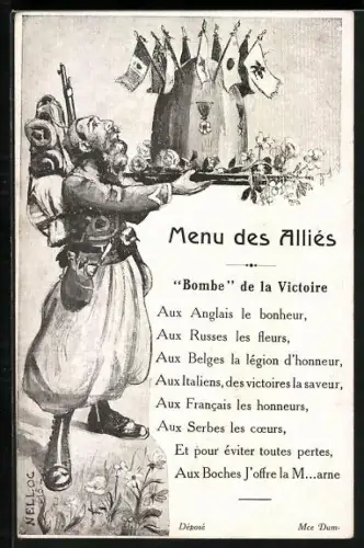 Künstler-AK Nelloc: Menu des Alliés, Bombe de la Victoire, ein Turkosoldat serviert die Bombe der Alliierten