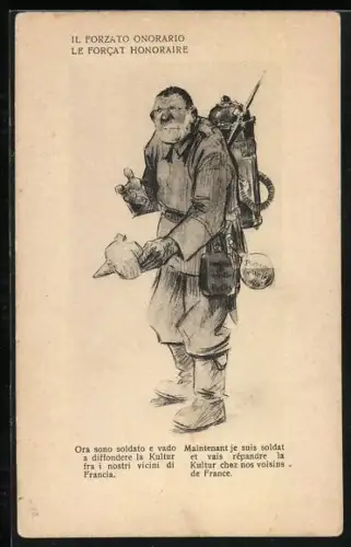 Künstler-AK Le Forcat Honoraire, deutscher Soldat, Propaganda Entente