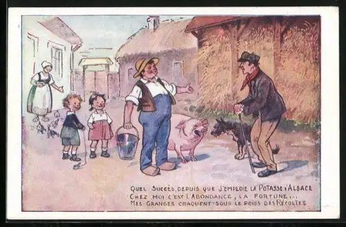 AK Reklame Seis de Potasse, Zufriedener Bauer mit grossem Schwein klärt Bauern mit Hund über seinen Dünger auf