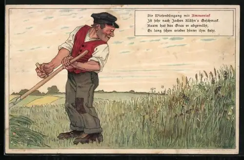 Künstler-AK Reklame für Ammonikadünger, Gras wächst schneller als der Bauer mähen kann