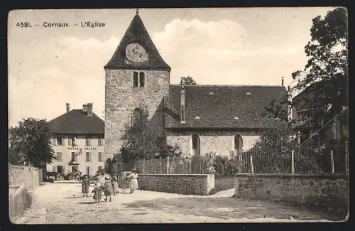 AK Cornaux, L`Eglise et Hotel du Soleil
