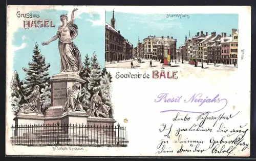 Winter-Lithographie Basel, Marktplatz mit Strassenbahn und St. Jakob-Denkmal im Winter