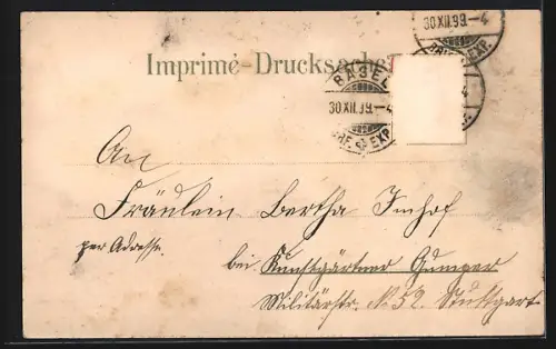 Winter-Lithographie Basel, Marktplatz mit Strassenbahn und St. Jakob-Denkmal im Winter