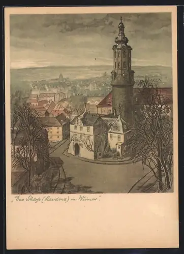 Künstler-AK Weimar / Thüringen, Teilansicht mit Schloss