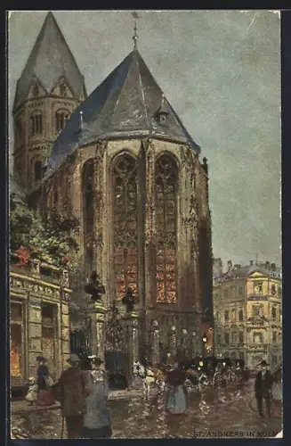 Künstler-AK Köln, Partie an der St. Andreas-Kirche am Abend